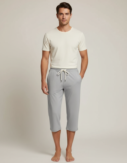 Pantalon Fluide Gris Court Décontracté Homme Cordon - Molleton