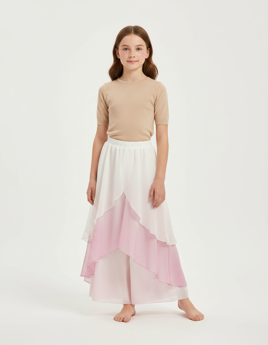 Pantalon Fluide Blanc Rose Dégradé Gaze Ample Enfant - Multicolore Polyester