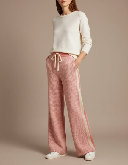 Pantalon Fluide Rose Chevron Ample Laine Mérinos