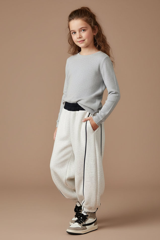 Pantalon Fluide Gris Ample Coton Rayures Latérales - Molleton
