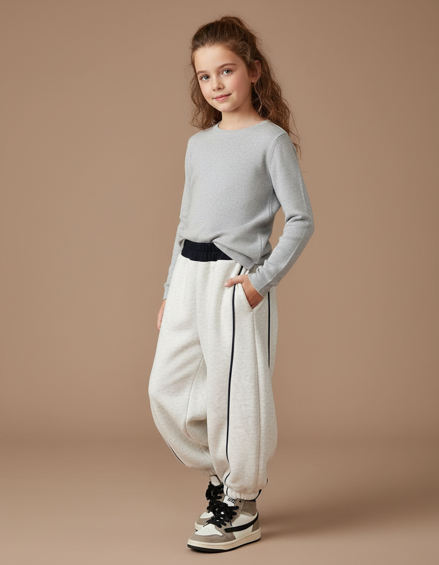 Pantalon Fluide Gris Ample Coton Rayures Latérales - Molleton