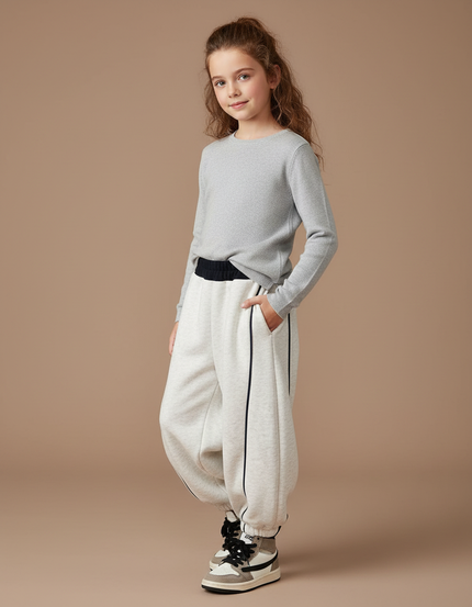 Pantalon Fluide Gris Ample Coton Rayures Latérales - Molleton