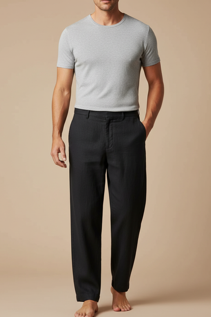 Pantalon Fluide Noir Lin Droit Habillé Homme