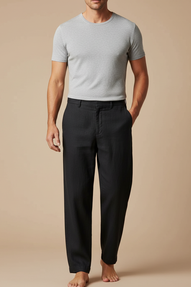 Pantalon Fluide Noir Lin Droit Habillé Homme