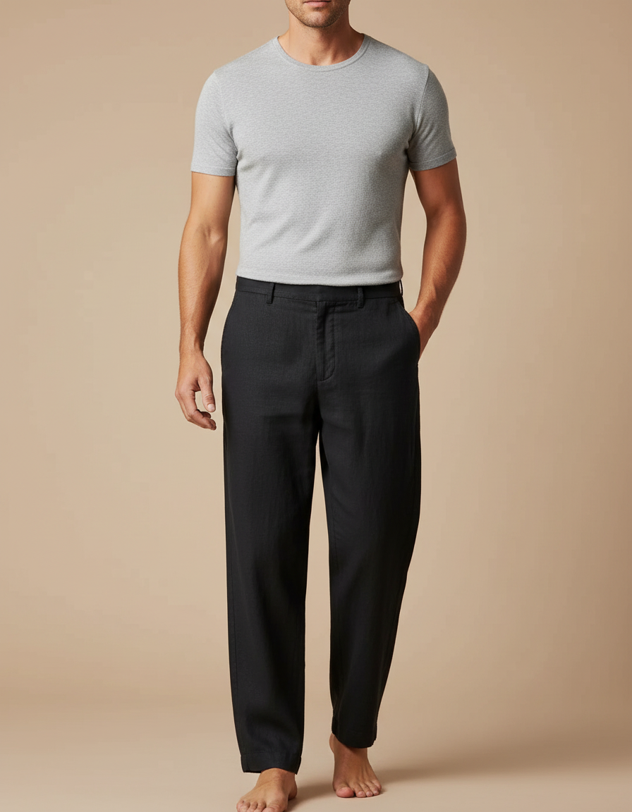 Pantalon Fluide Noir Lin Droit Habillé Homme