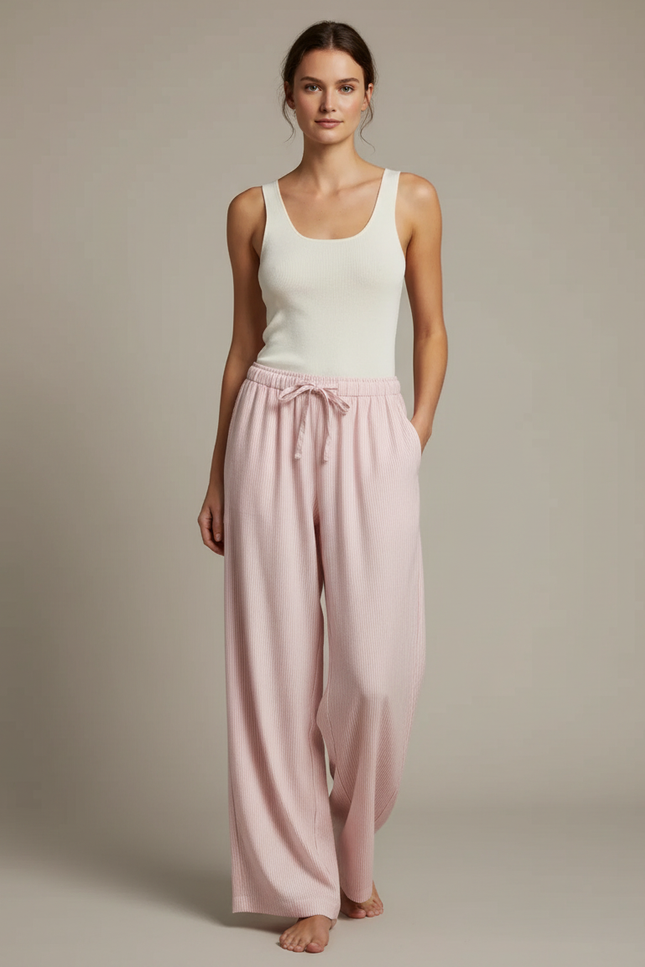 Pantalon Fluide Rose Côtelé Ample Décontracté - Maille