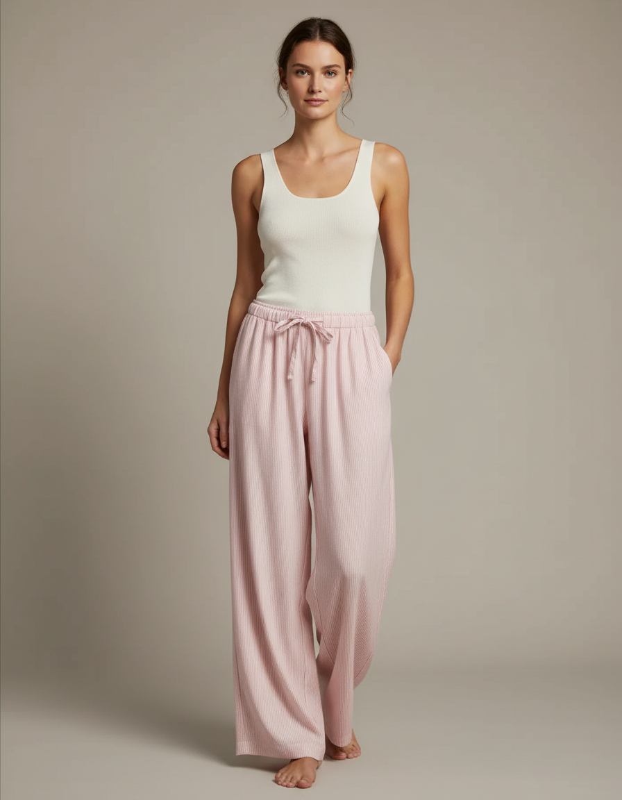 Pantalon Fluide Rose Côtelé Ample Décontracté - Maille