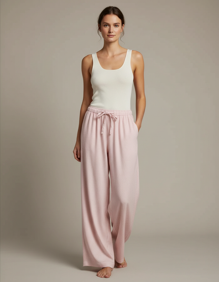 Pantalon Fluide Rose Côtelé Ample Décontracté - Maille