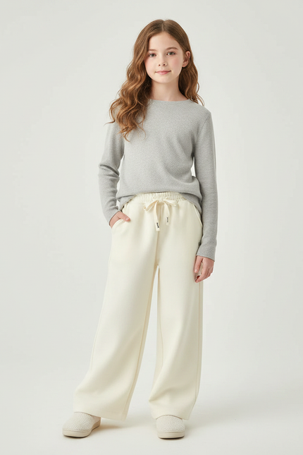 Pantalon Fluide Écru Ample Cordon Décontracté Enfant - Beige Molleton