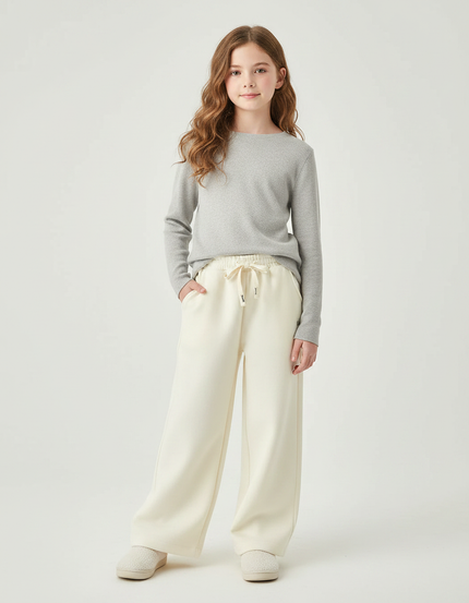 Pantalon Fluide Écru Ample Cordon Décontracté Enfant - Beige Molleton