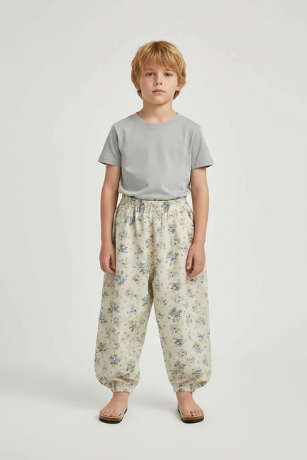 Pantalon Fluide Écru Floral Ample Léger Enfant - Beige Lin