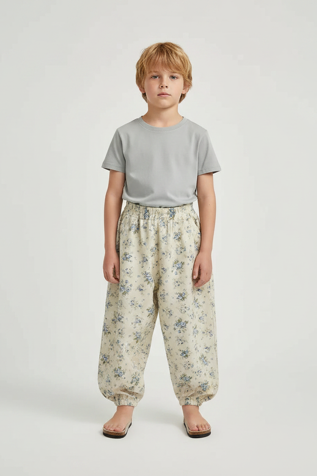 Pantalon Fluide Écru Floral Ample Léger Enfant - Beige Lin