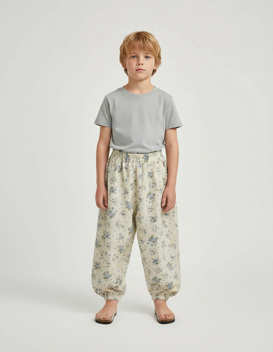 Pantalon Fluide Écru Floral Ample Léger Enfant - Beige Lin