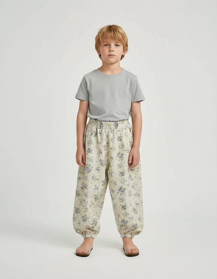 Pantalon Fluide Écru Floral Ample Léger Enfant - Beige Lin