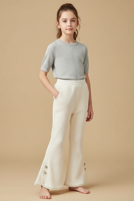 Pantalon Fluide Écru Côtelé Évasé Dentelle Enfant - Beige Cordé