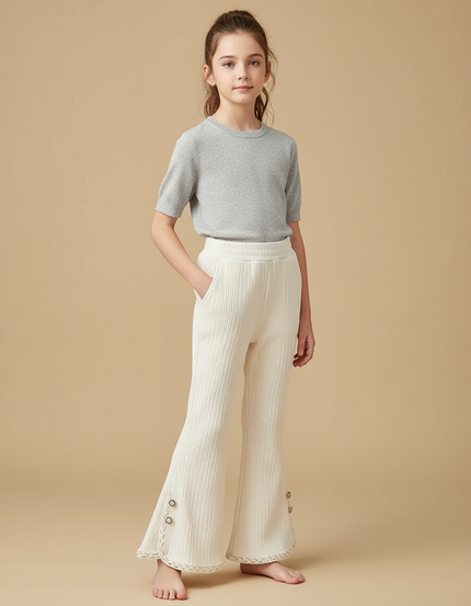 Pantalon Fluide Écru Côtelé Évasé Dentelle Enfant - Beige Cordé