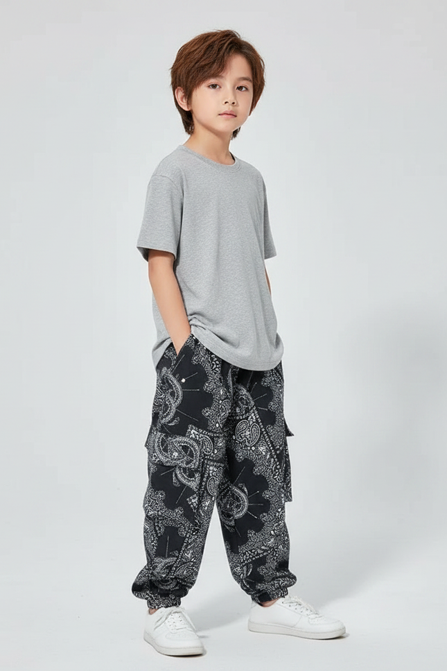 Pantalon Fluide Noir Ample Motif Bandana Décontracté - Coton
