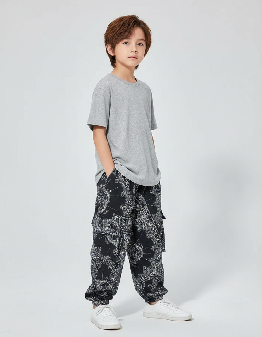 Pantalon Fluide Noir Ample Motif Bandana Décontracté - Coton