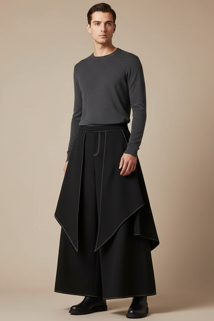 Pantalon Fluide Noir Ample Asymétrique Unisexe Moderne - Polyester