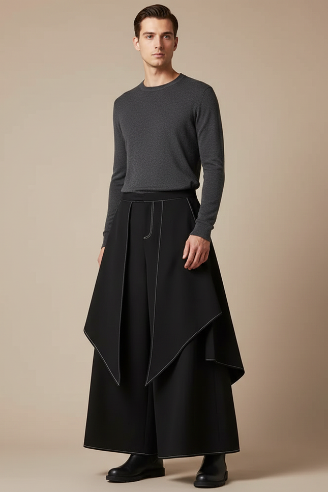 Pantalon Fluide Noir Ample Asymétrique Unisexe Moderne - Polyester