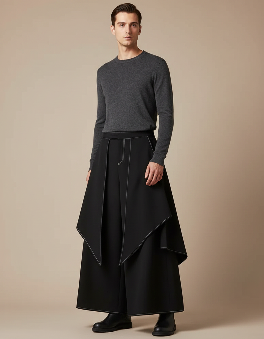 Pantalon Fluide Noir Ample Asymétrique Unisexe Moderne - Polyester