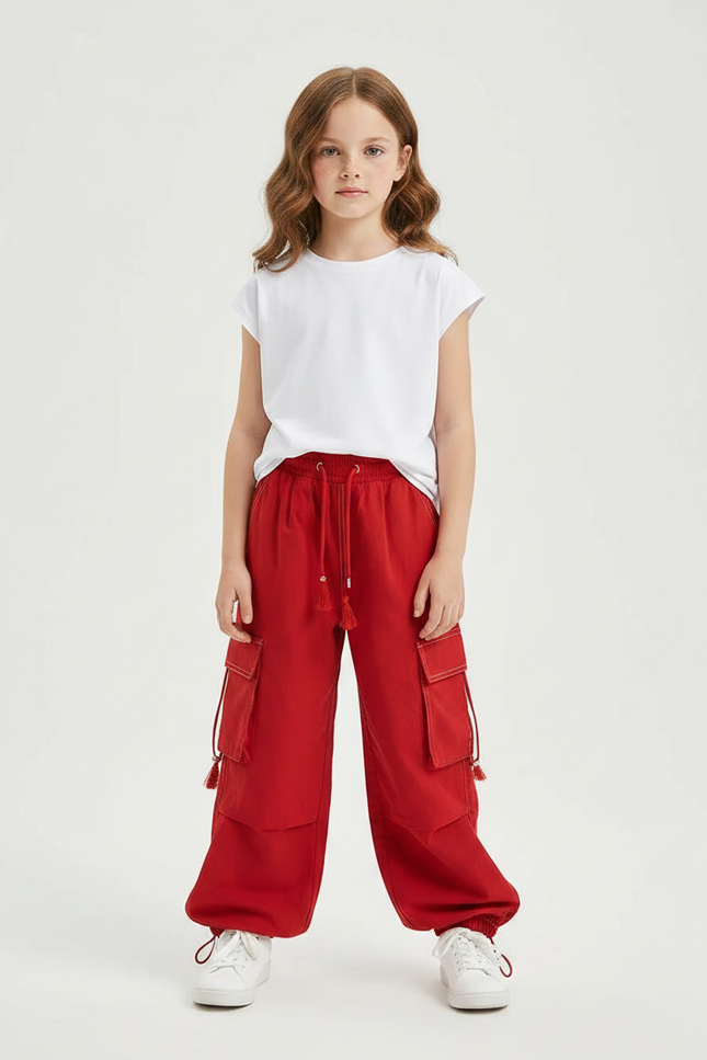 Pantalon Fluide Rouge Cargo Ample Cordon Enfant - Molleton