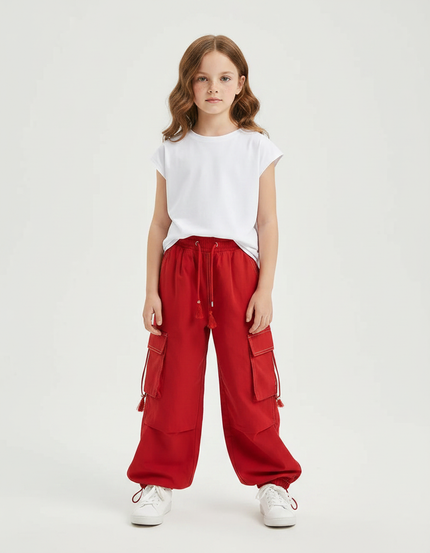 Pantalon Fluide Rouge Cargo Ample Cordon Enfant - Molleton