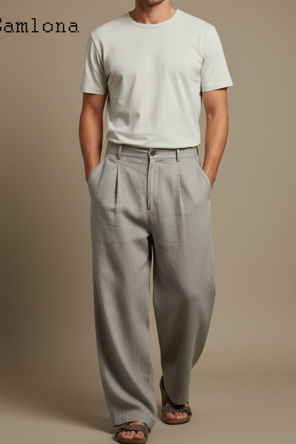 Pantalon Fluide Gris Ample Plissé Lin Décontracté Homme