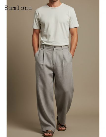 Pantalon Fluide Gris Ample Plissé Lin Décontracté Homme