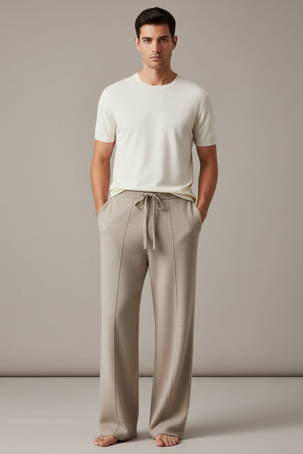 Pantalon Fluide Beige Laine Tricoté Ample Décontracté Homme