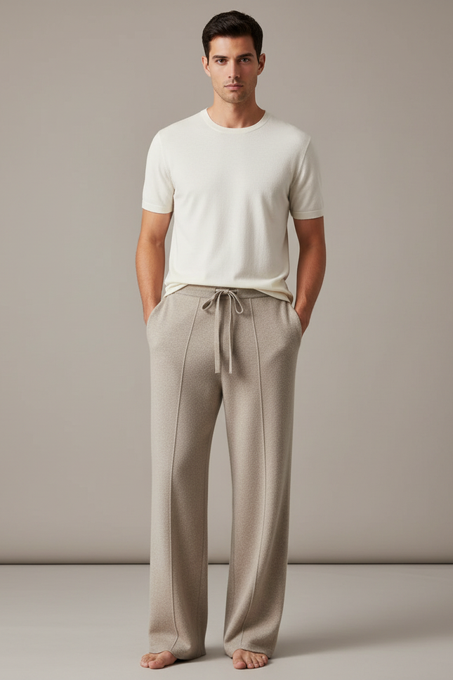 Pantalon Fluide Beige Laine Tricoté Ample Décontracté Homme