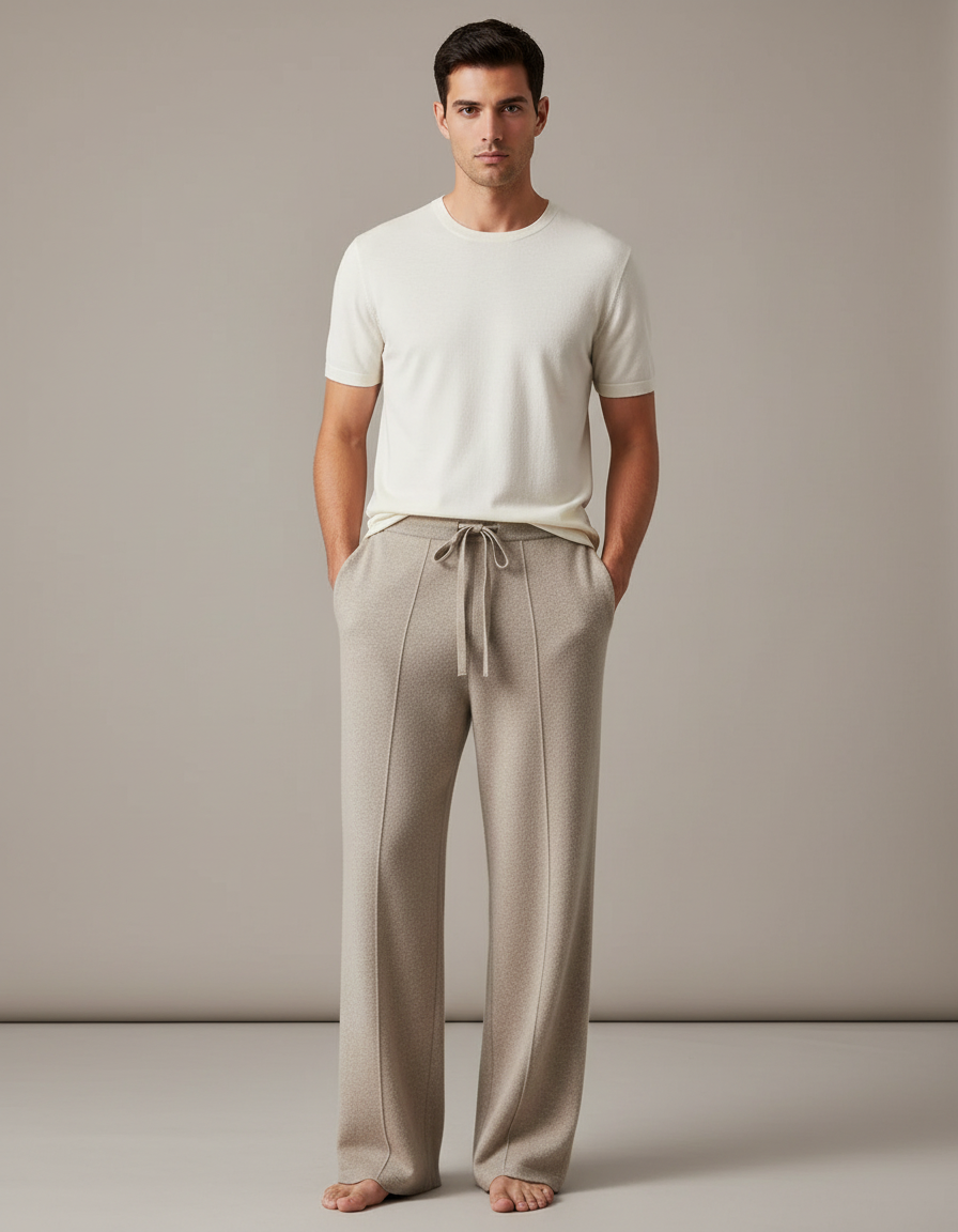 Pantalon Fluide Beige Laine Tricoté Ample Décontracté Homme