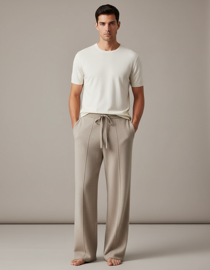 Pantalon Fluide Beige Laine Tricoté Ample Décontracté Homme