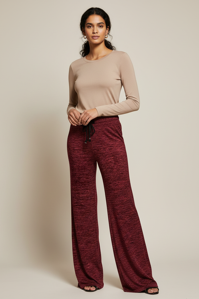 Pantalon Fluide Bordeau Ample Mélangé Cordon Femme - Bordeaux Maille