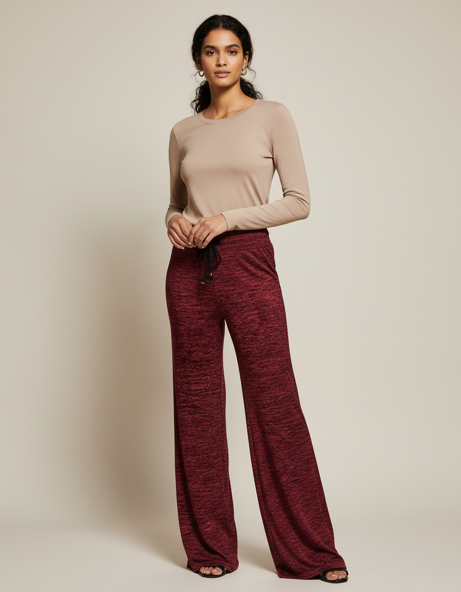 Pantalon Fluide Bordeau Ample Mélangé Cordon Femme - Bordeaux Maille