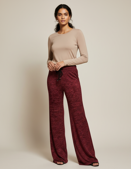 Pantalon Fluide Bordeau Ample Mélangé Cordon Femme - Bordeaux Maille