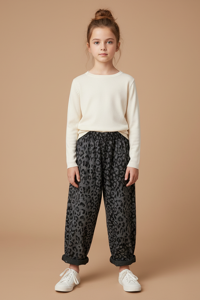 Pantalon Fluide Léopard Gris Ample Enfant Confortable - Molleton