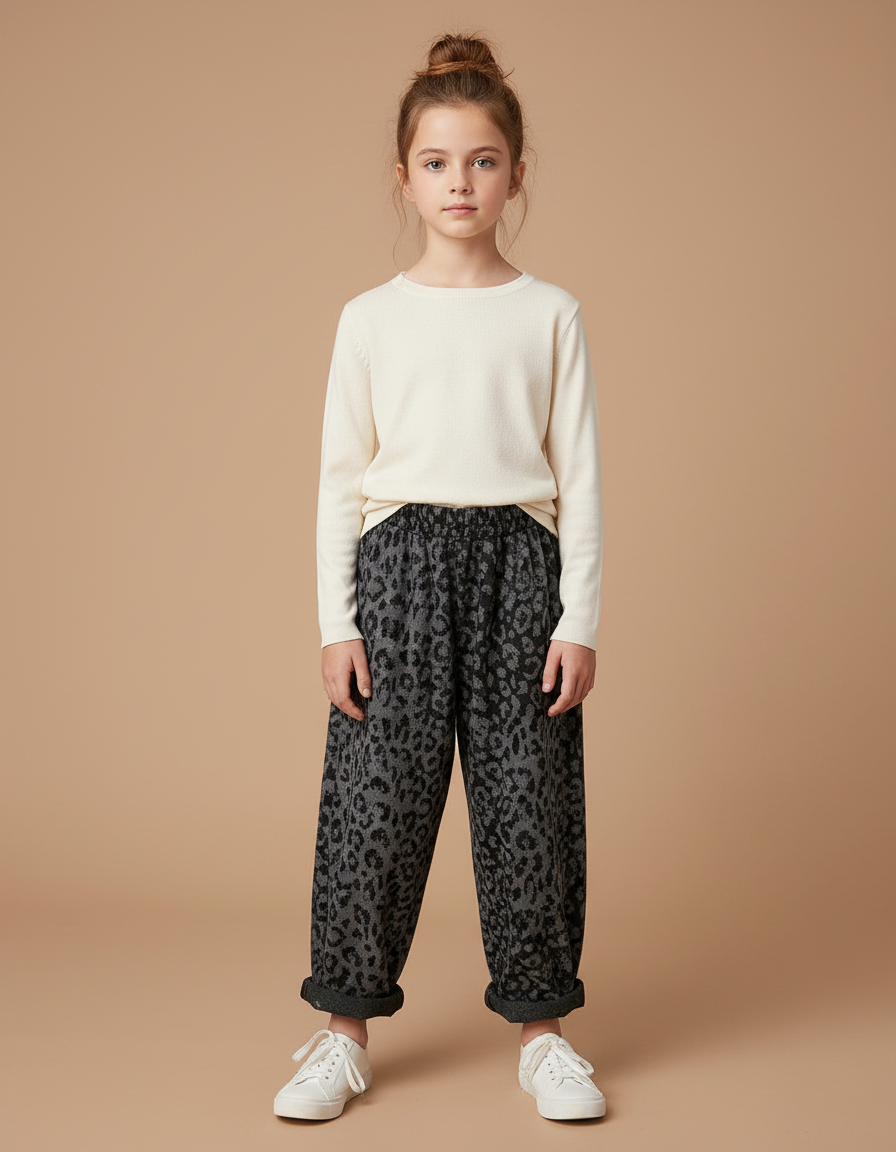 Pantalon Fluide Léopard Gris Ample Enfant Confortable - Molleton