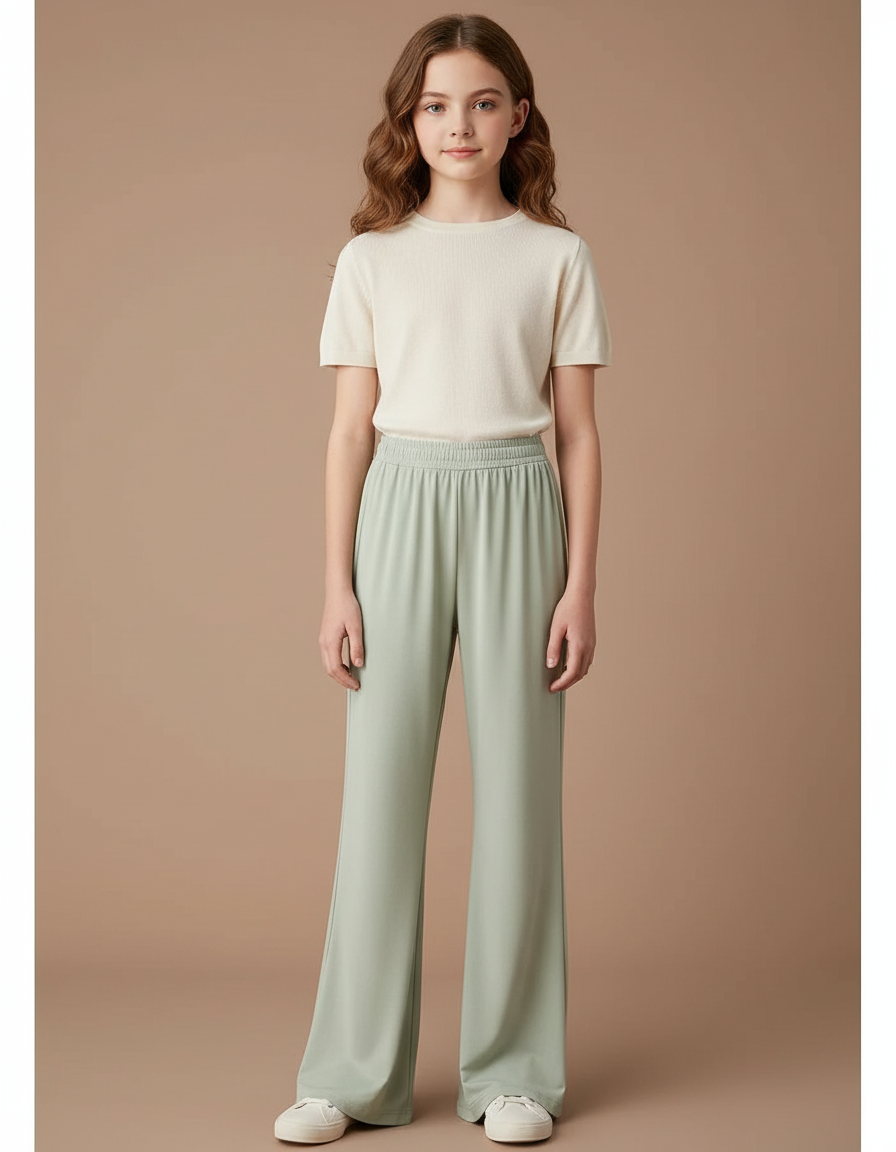 Pantalon Fluide Vert Ample Taille Élastiquée Fille - Polyester