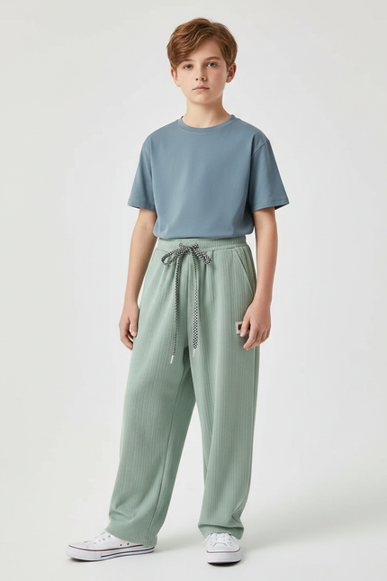 Pantalon Fluide Vert Menthe Côtelé Ample Cordon Garçon - Cordé