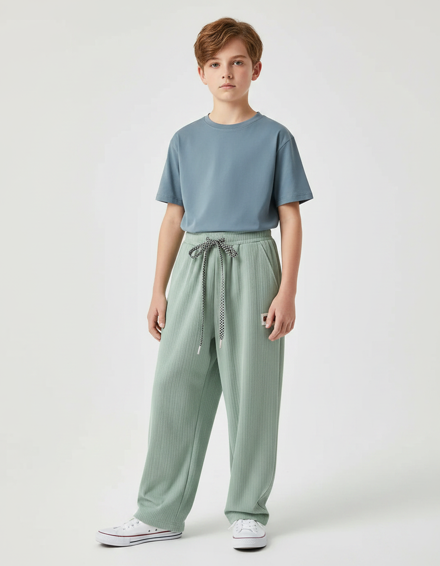 Pantalon Fluide Vert Menthe Côtelé Ample Cordon Garçon - Cordé
