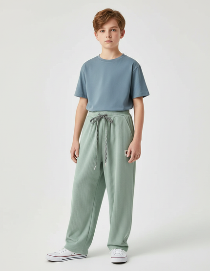 Pantalon Fluide Vert Menthe Côtelé Ample Cordon Garçon - Cordé