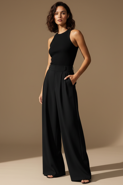 Pantalon Taille Haute Fluide Chic - Noir Polyester