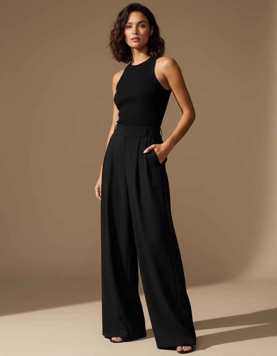 Pantalon Taille Haute Fluide Chic - Noir Polyester