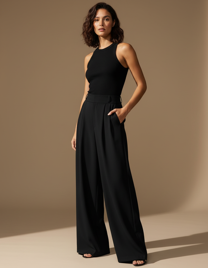 Pantalon Taille Haute Fluide Chic - Noir Polyester