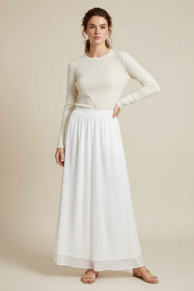 Pantalon Fluide Blanc Ample Taille Haute Chiffon Décontracté - Polyester