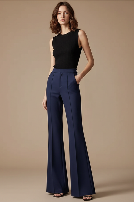 Pantalon Fluide Bleu Marine Évasé Taille Haute Élégant - Gabardine