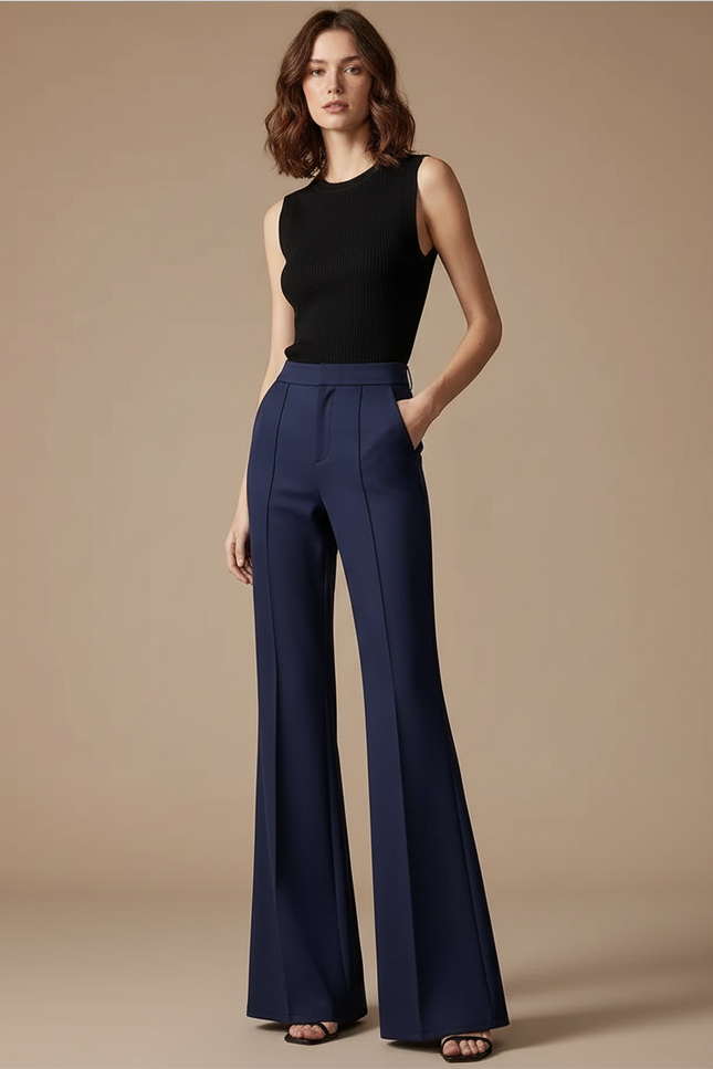 Pantalon Fluide Bleu Marine Évasé Taille Haute Élégant - Gabardine