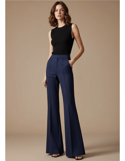 Pantalon Fluide Bleu Marine Évasé Taille Haute Élégant - Gabardine