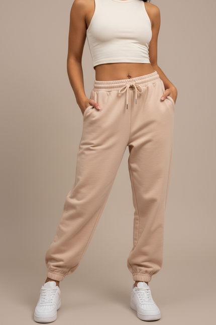 Pantalon Fluide Beige Cordon Ample Décontracté Sport - Molleton